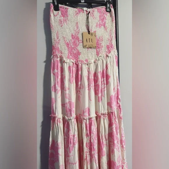 NWT Anthropologie Able The Label Smocked Strapless Tiered Tropical Maxi Dress - Picture 6 of 7